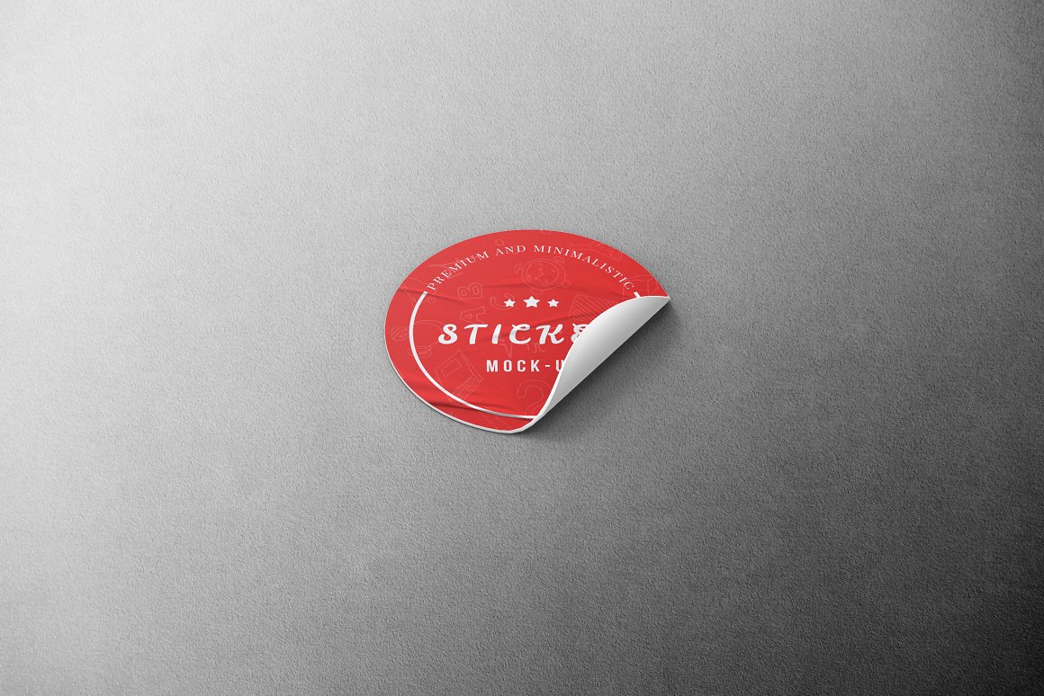 Images of colorful round sticker mockup in red color.