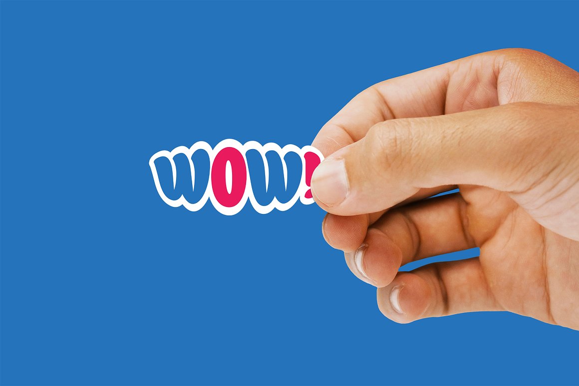 Images of colorful sticker mockup in the form of inscription "WOW".