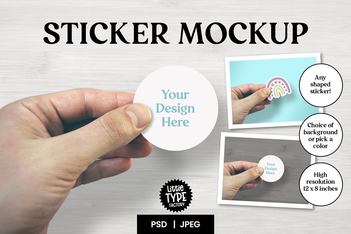 A selection of images with colorful stickers in the form of a hand.