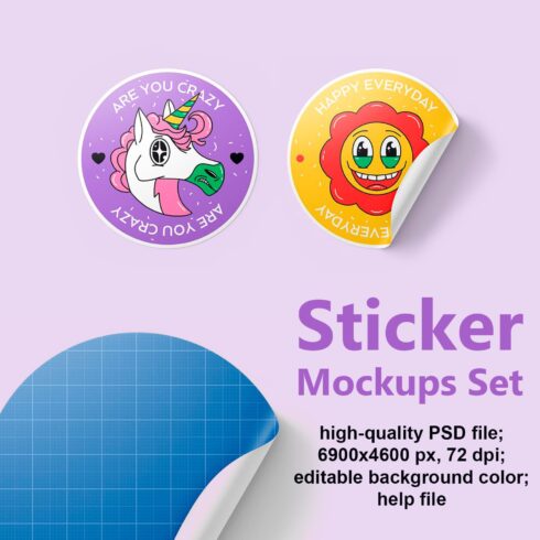 Collection of cartoon round sticker mockups.