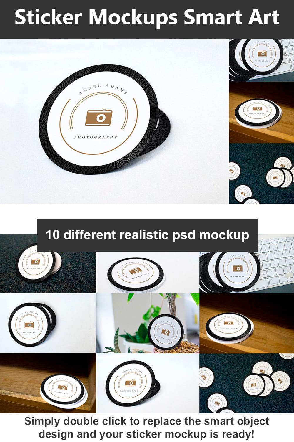 A set of images with gorgeous round stickers with pictures of a camera.