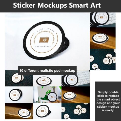 Collection of images with adorable round stickers with a camera.
