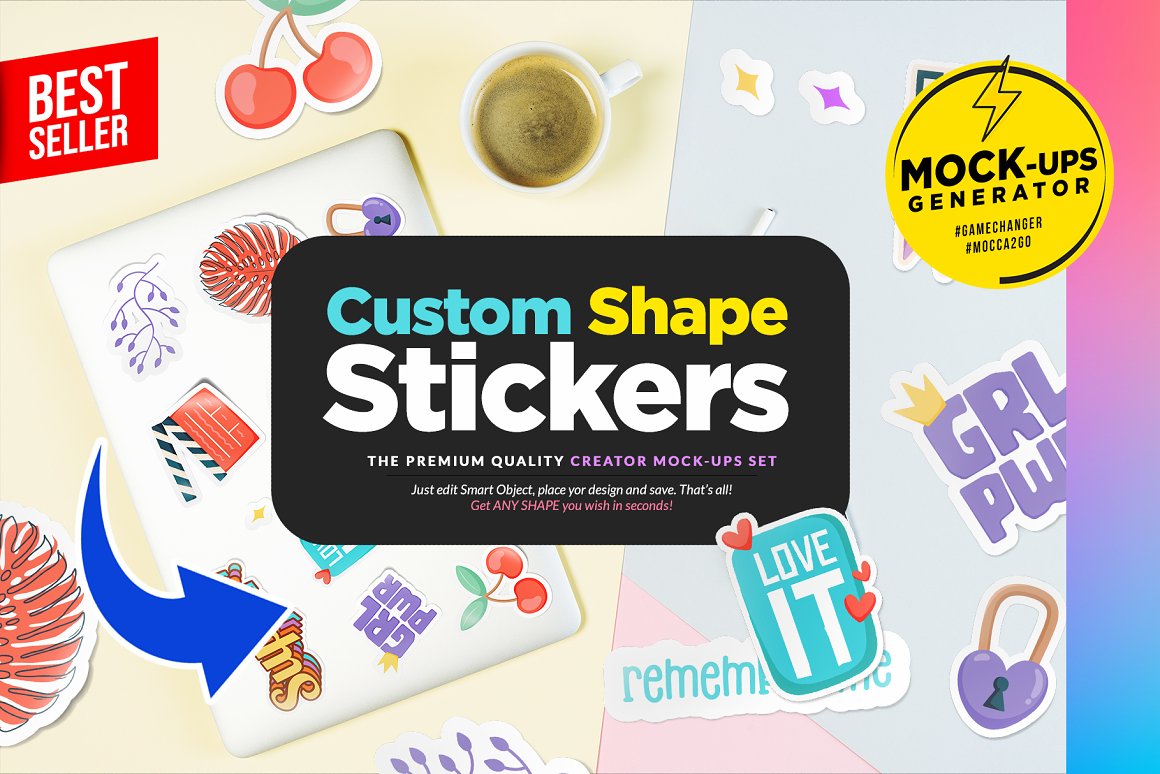 Set of images with bright stickers.