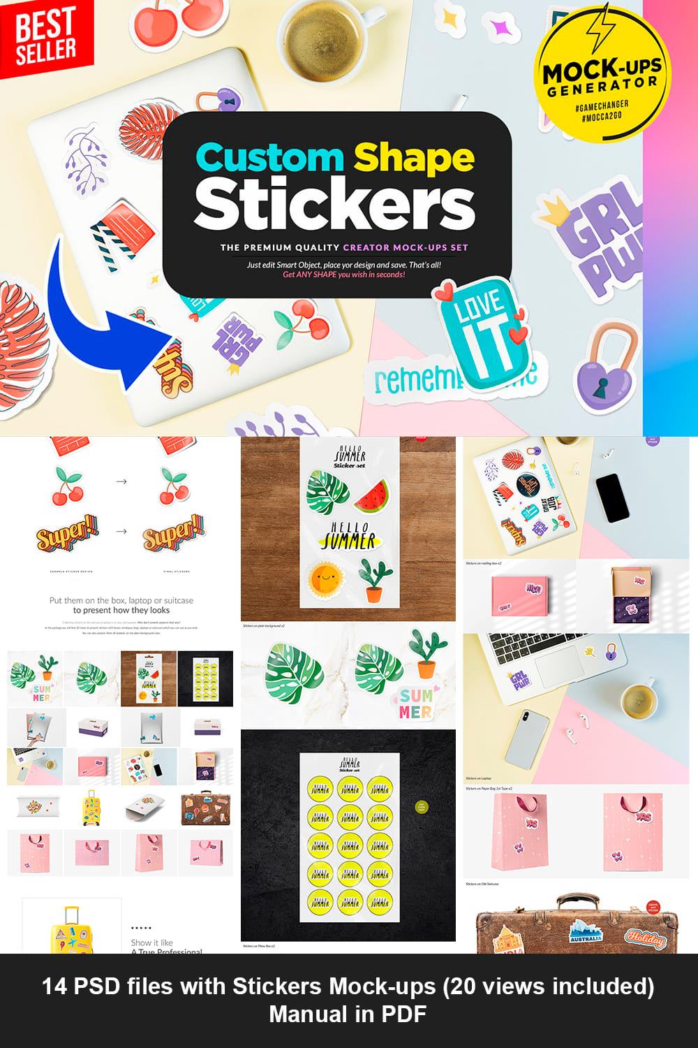 Set of images of enchanting sticker mockups.
