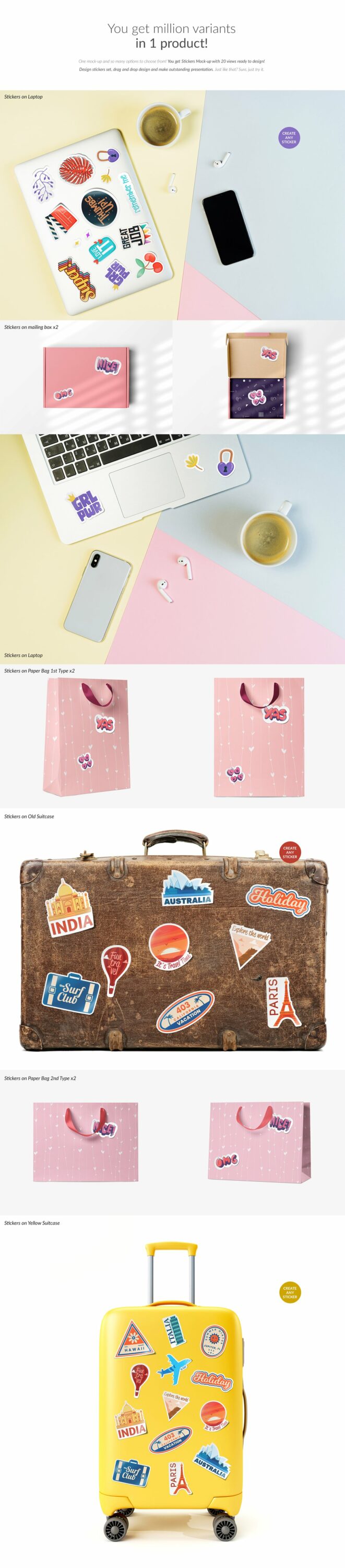 A selection of images with beautiful stickers on laptops and bags.