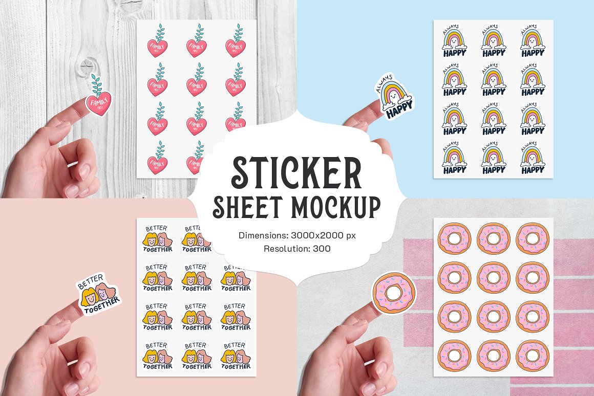 Collection of images of colorful stickers.