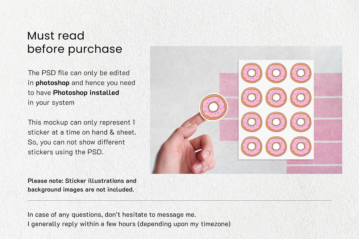 A set of beautiful stickers with images of donuts and a description of how to work with the mockup.