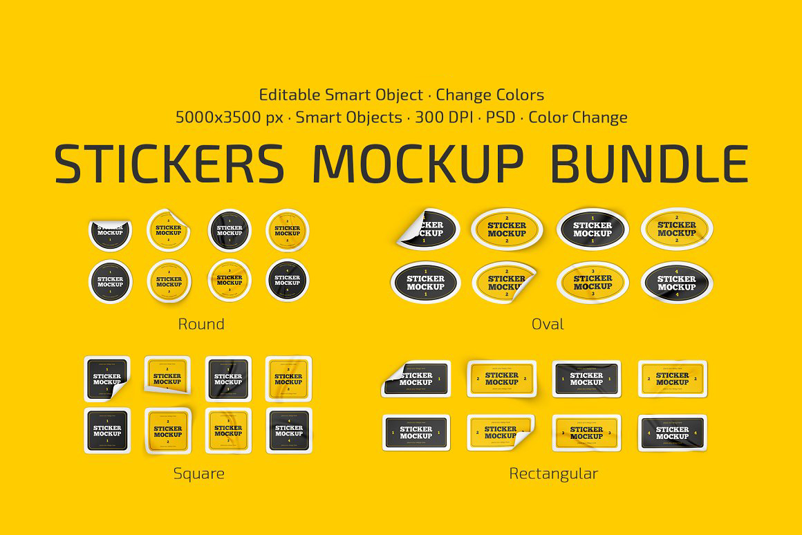 Pack of colorful sticker mockups in various shapes.