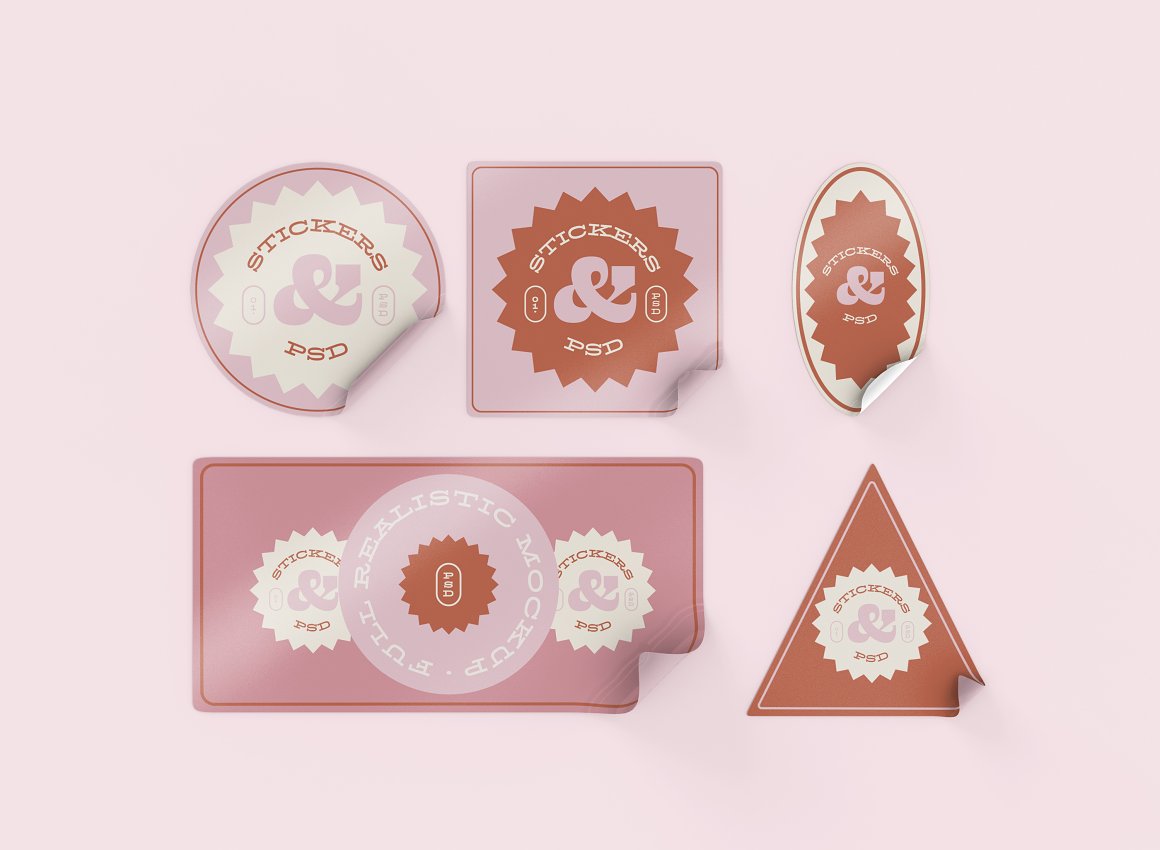 Image with lovely stickers of various shapes on a pink background.