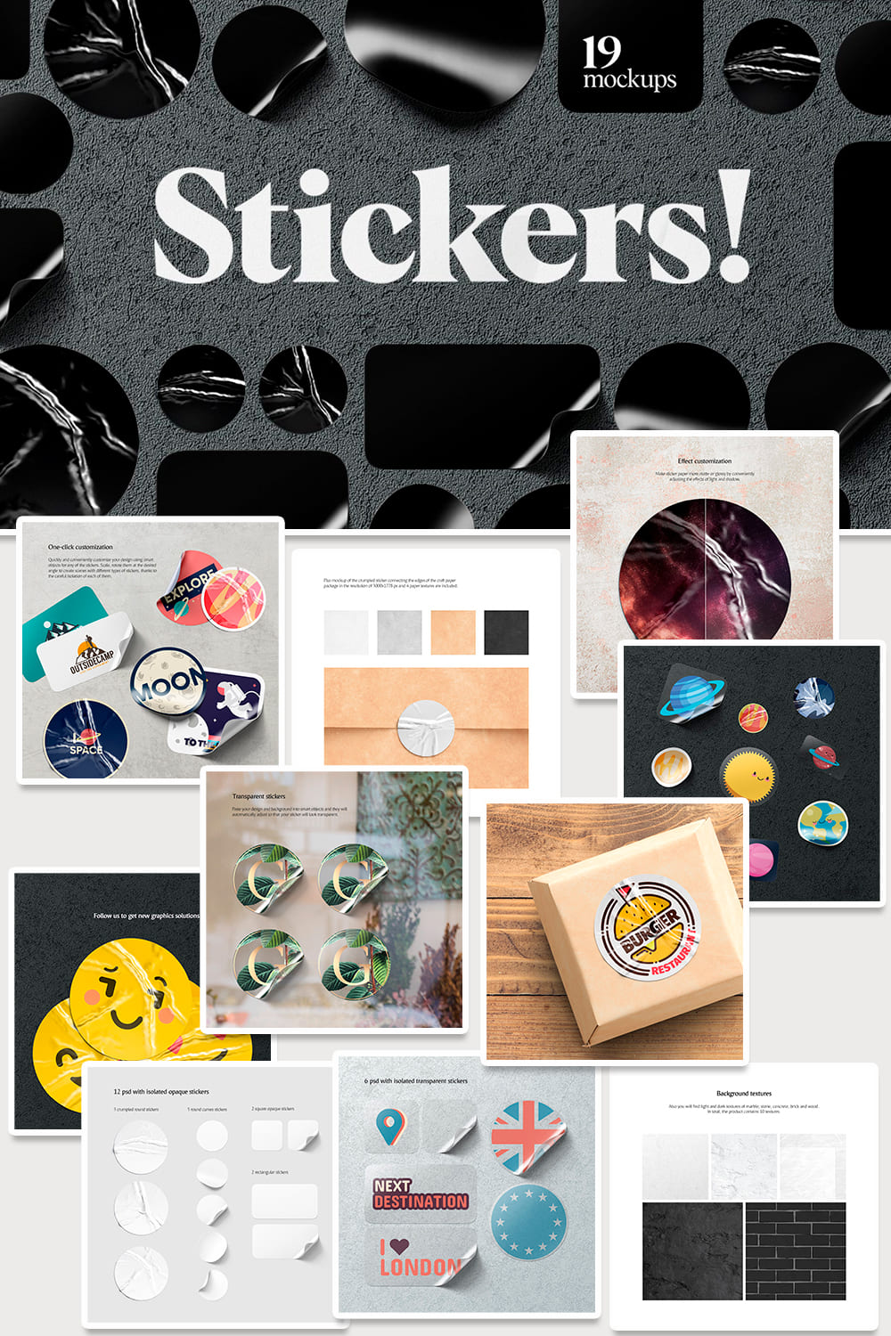 Collection of images of colorful stickers.