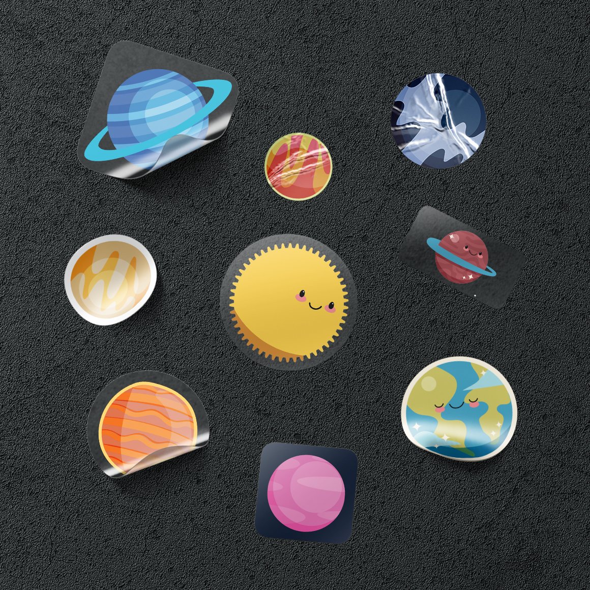 Image of beautiful stickers with pictures of planets.