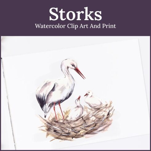 Storks watercolor clip art and print - main image preview.