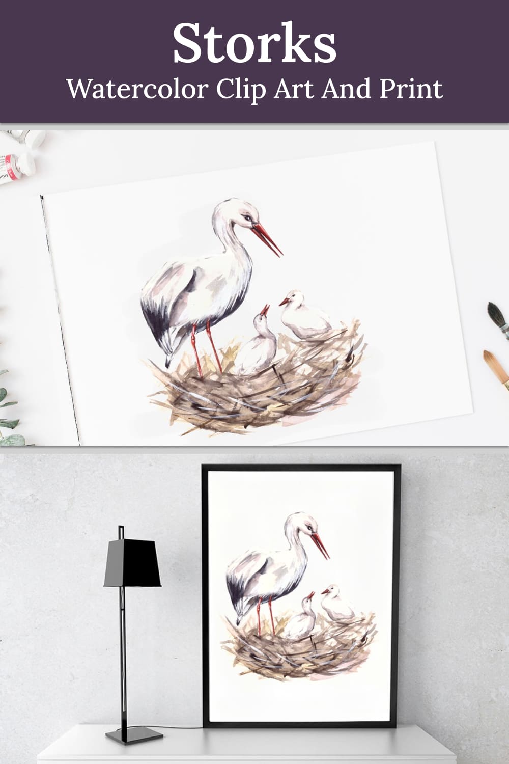 Storks watercolor clip art and print - pinterest image preview.