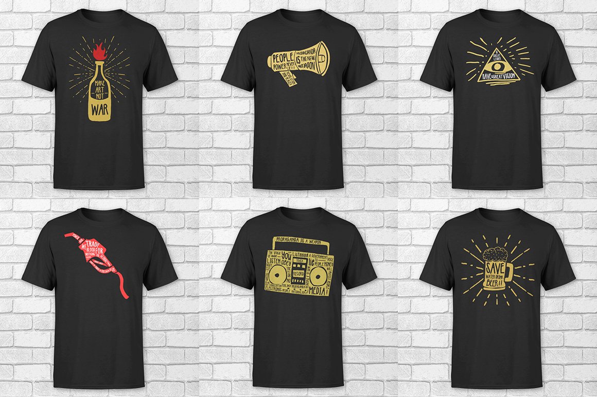 Black t-shirts collection with gold illustrations.