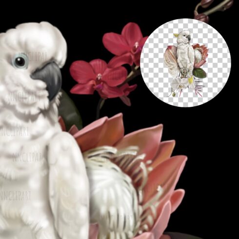 Sulphur-crested cockatoo Parrot, Watercolor bouquet clipart.