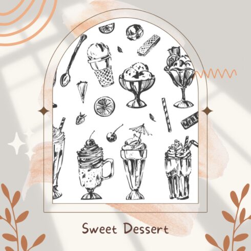 Sweet dessert ink sketch set with ice cream, macaron, waffle.