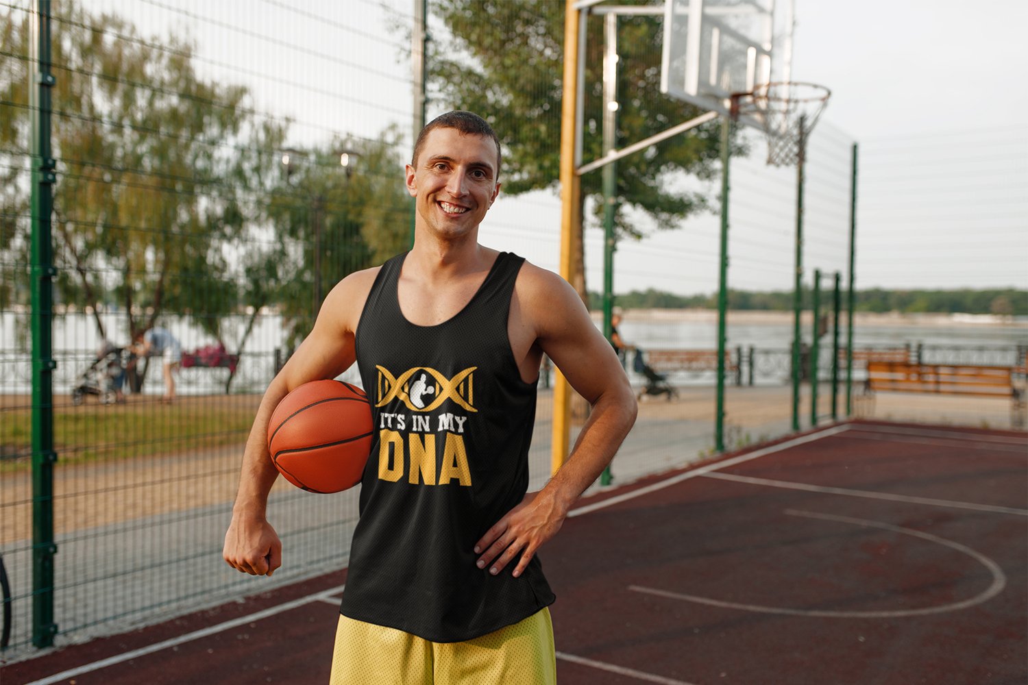 Tank top mockup featuring a smiling basketball player.