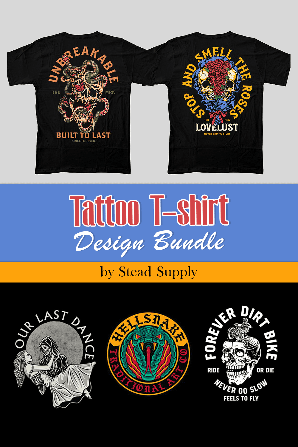A pack of black t-shirts with a bright print of a skull with roses and a skull with a dagger.