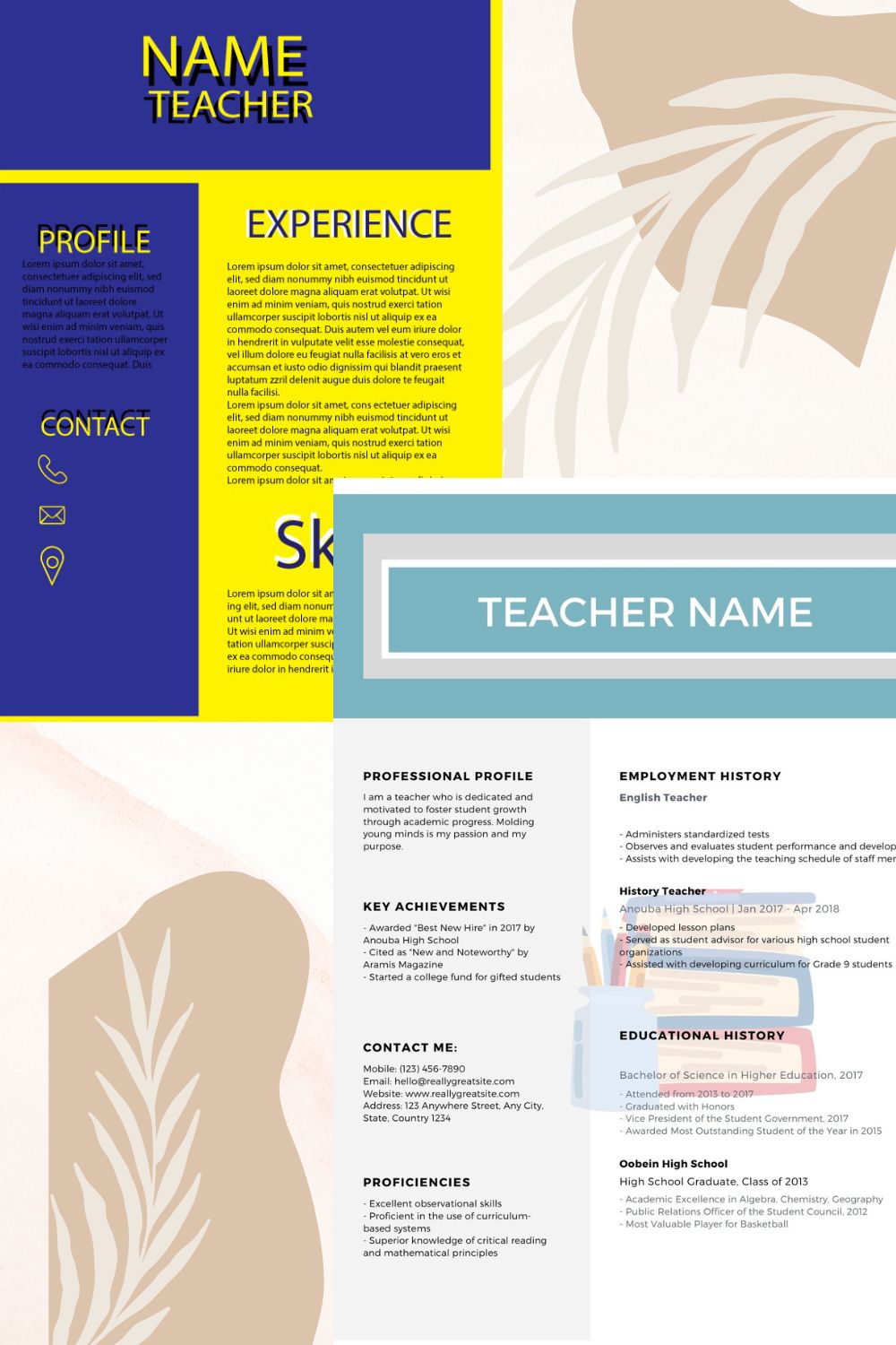 Blue and yellow resume with a name tag.