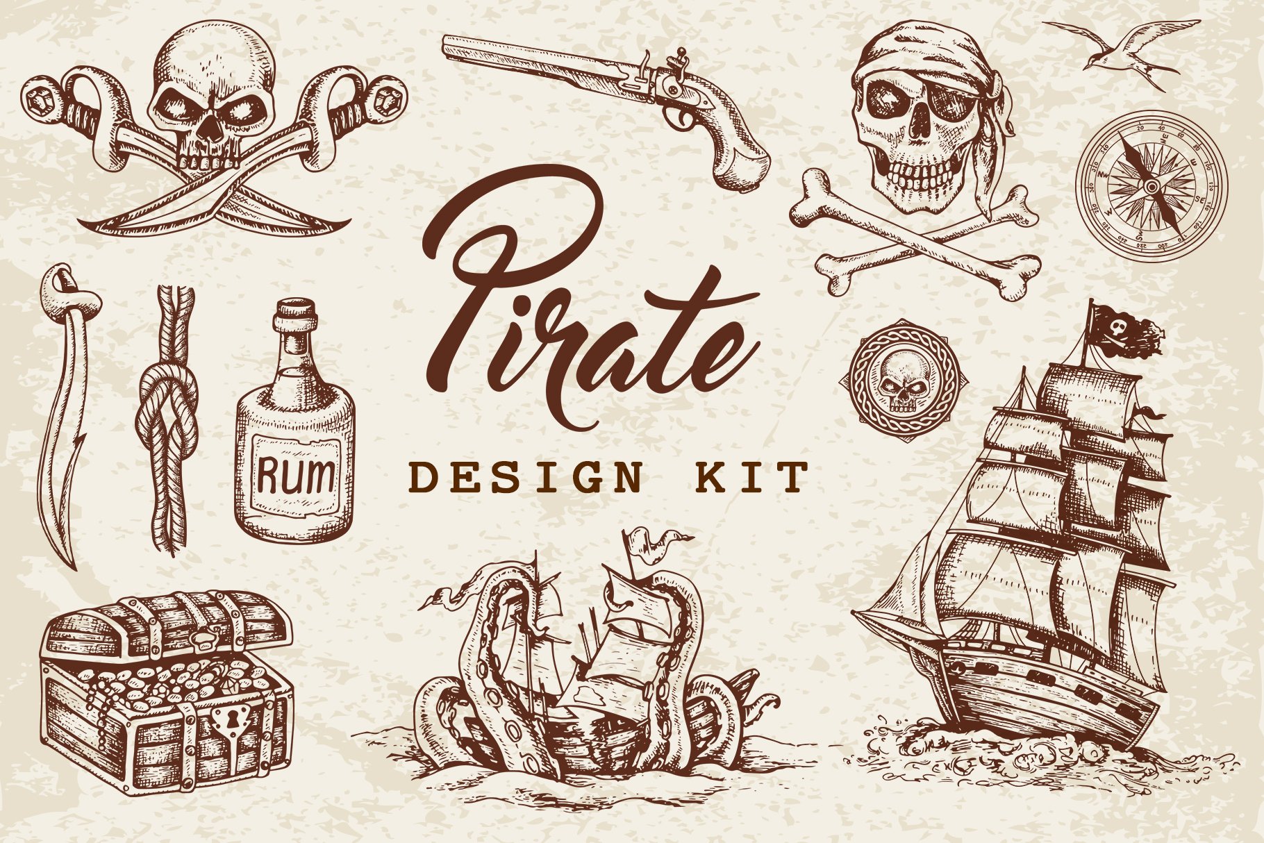 Vintage illustration with many elements for a full pirate composition.
