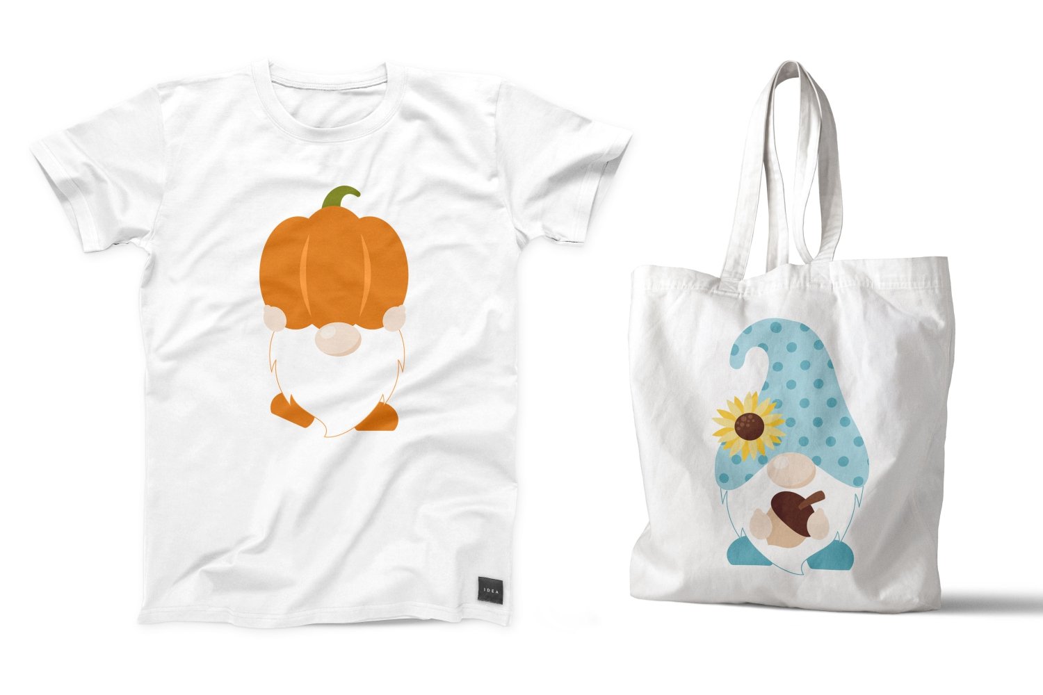 White t-shirt and eco bag with a gnome print.