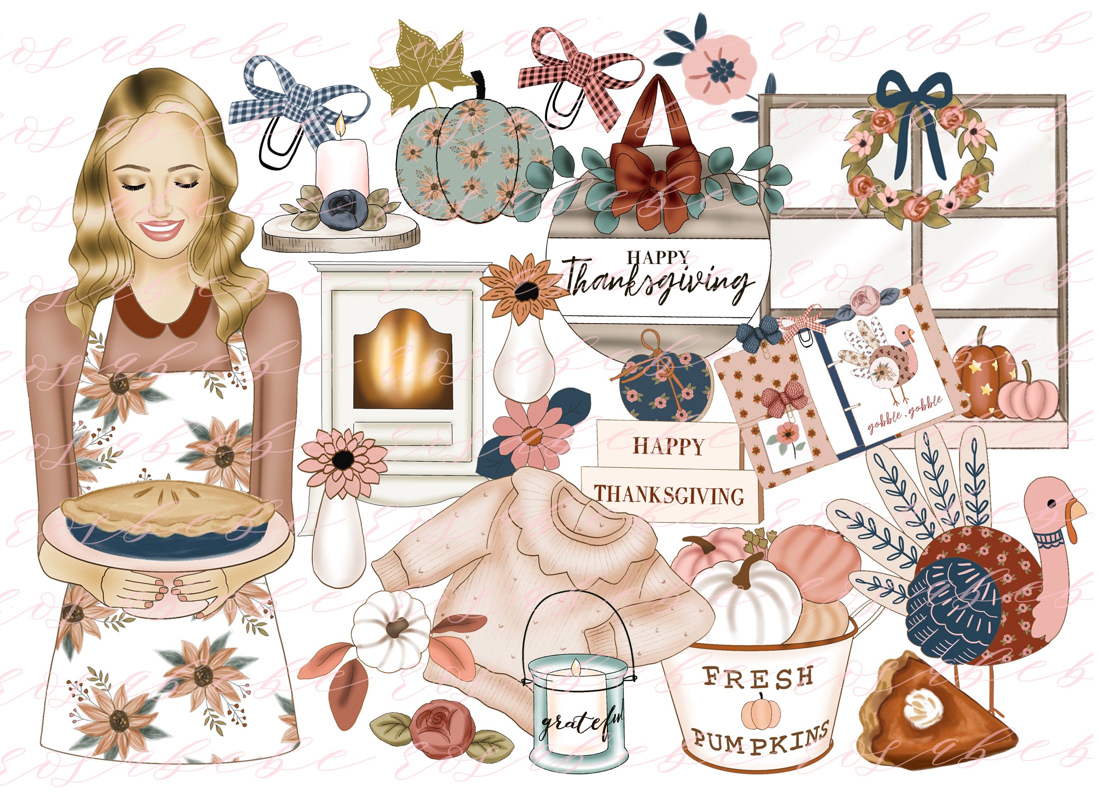 Diverse of pastel elements for perfect modern Thanksgiving illustration.