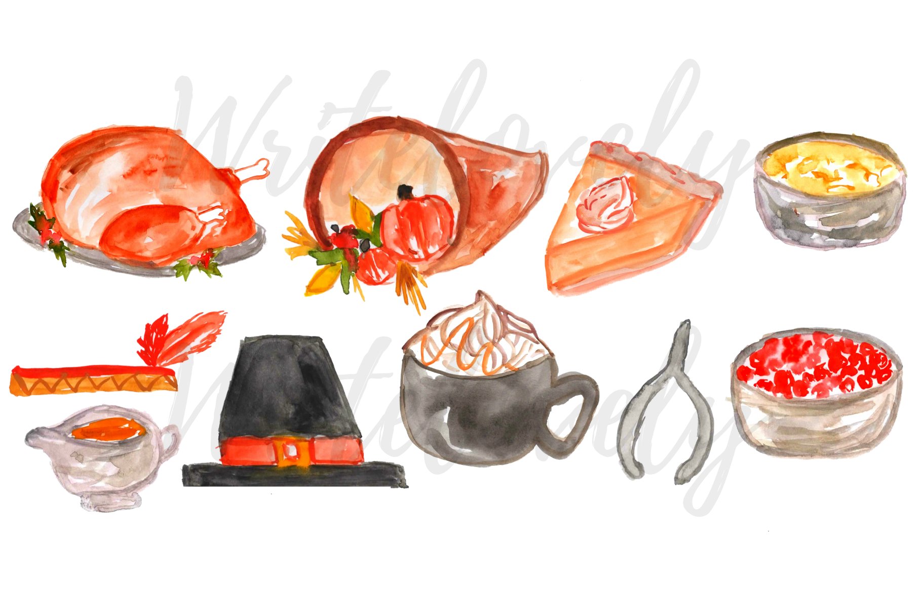 Diverse of watercolor food for Thanksgiving.