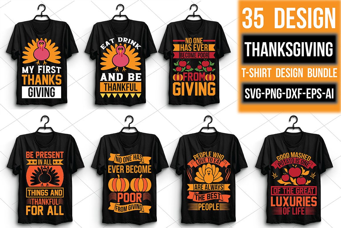 A selection of black T-shirts with an adorable Thanksgiving Day print.