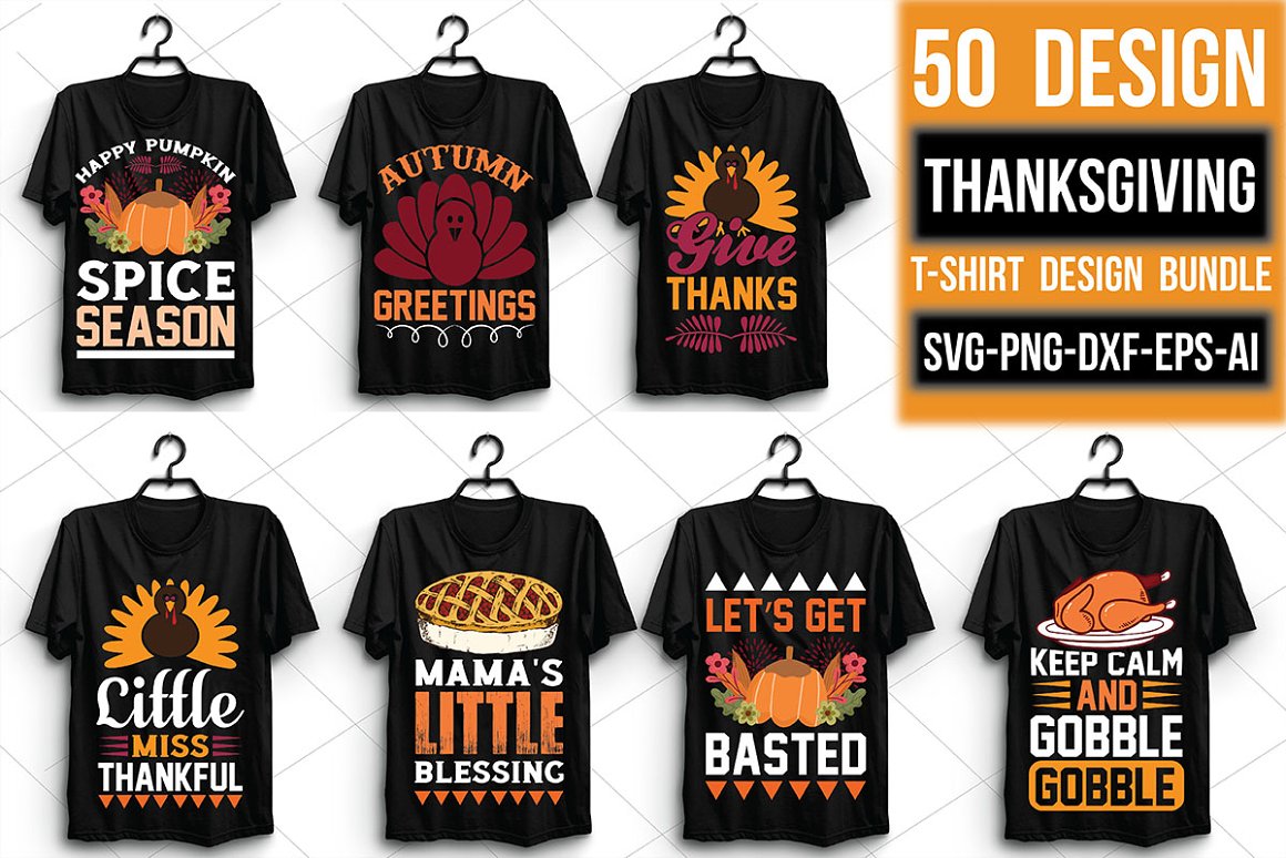 A selection of black t-shirts with colorful thanksgiving prints.
