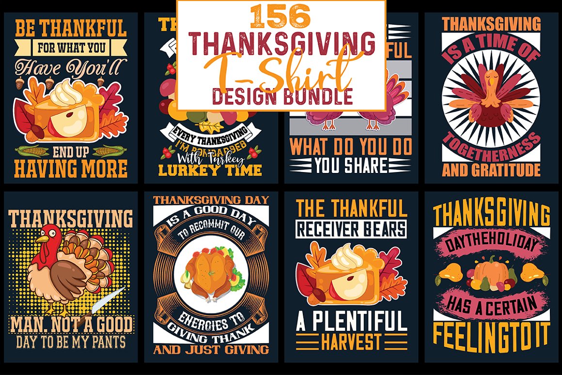 Bundle of cartoon images on the theme of Thanksgiving on a black background.