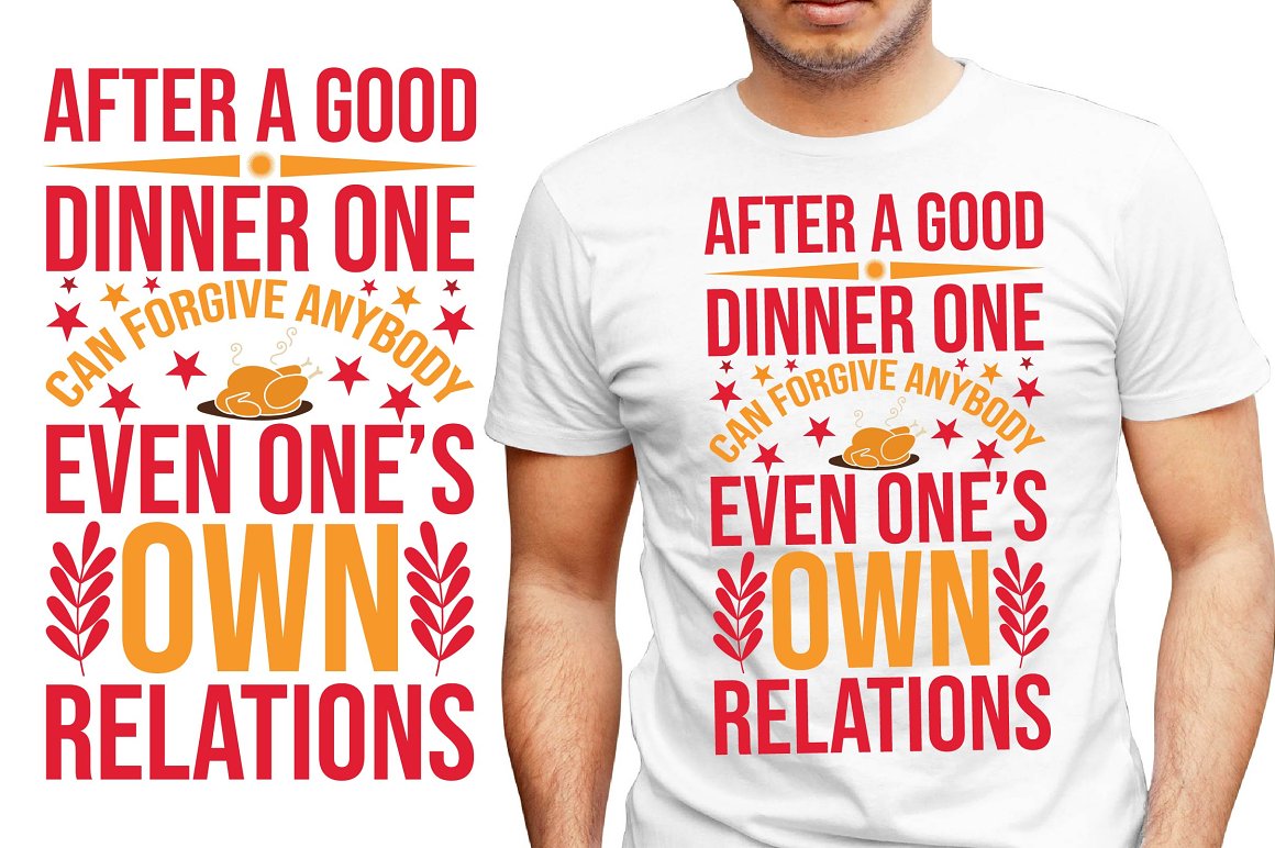 White T-shirt with irresistible Thanksgiving print.