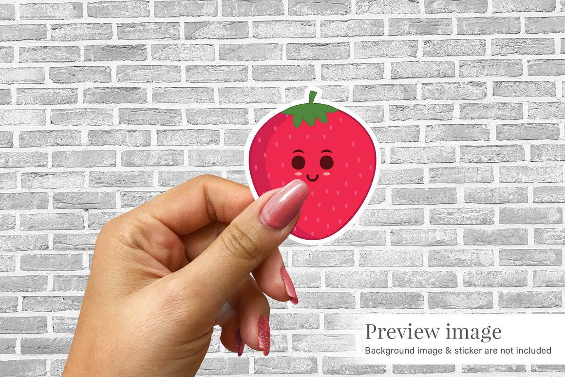 Images of a colorful sticker in the form of a strawberry.