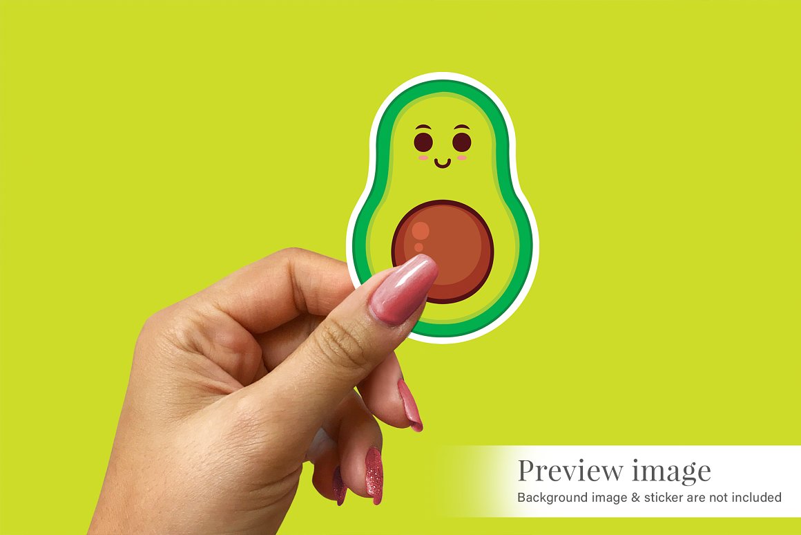 Images of a beautiful sticker in the form of half an avocado.