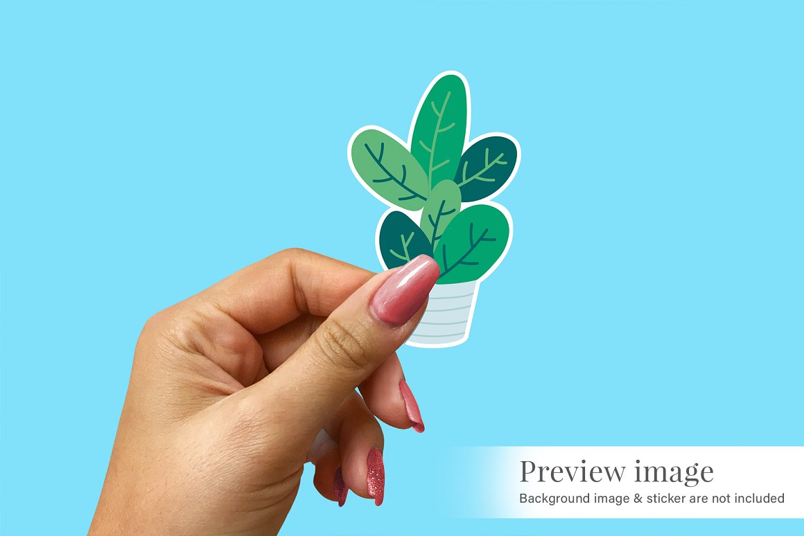Images of a charming sticker in the form of a flowerpot with a flower.