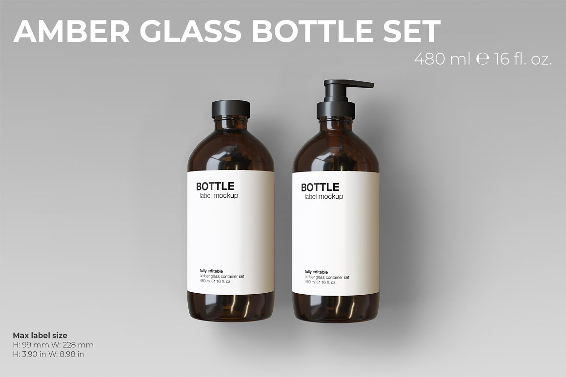 2 amber glass big size bottles with white labels and black dispenser and lid.