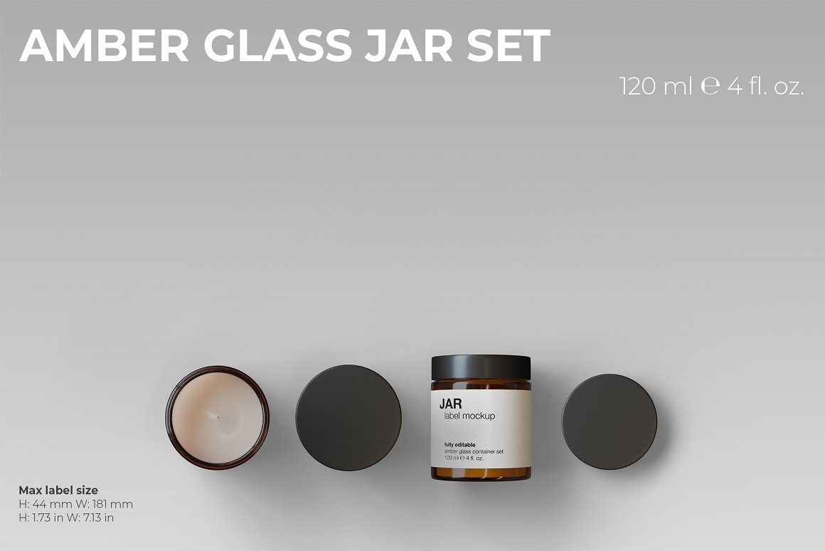 2 amber glass jars with white label and black lid.