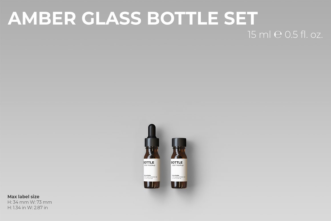 2 amber glass small serums with a white label and a black lid.