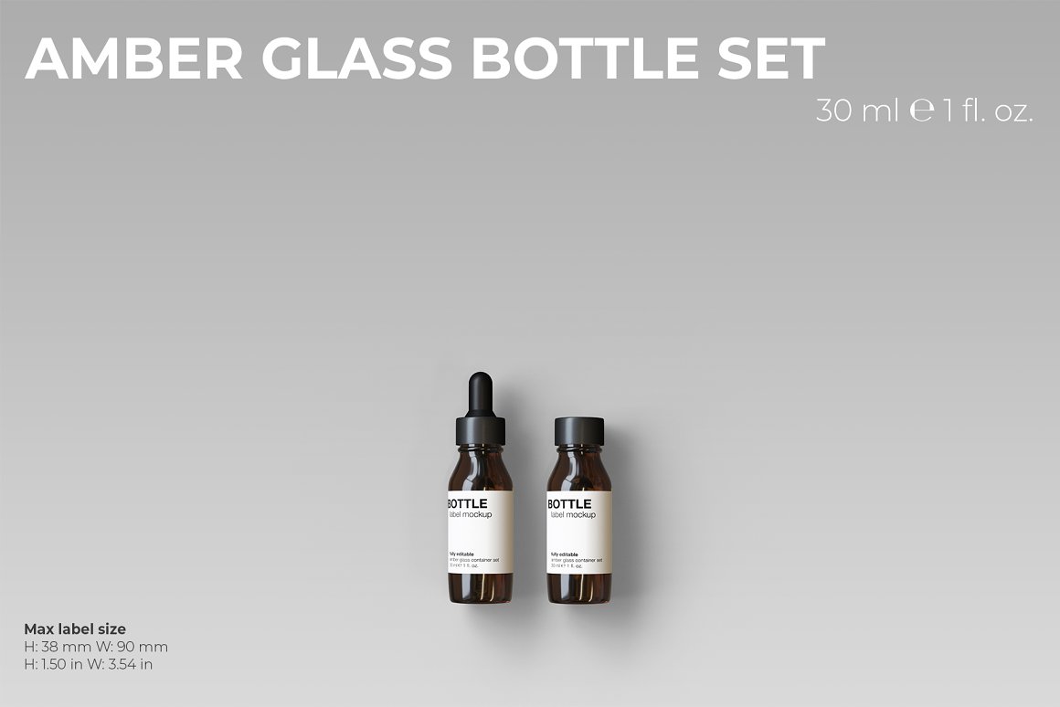 2 amber glass serums with a white label and a black lid.
