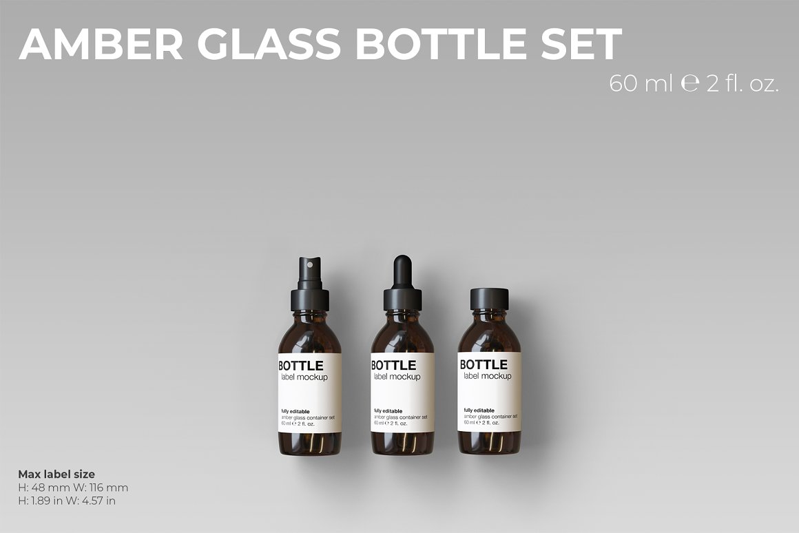 3 amber glass bottles with white labels and black spray, pipette and lid.