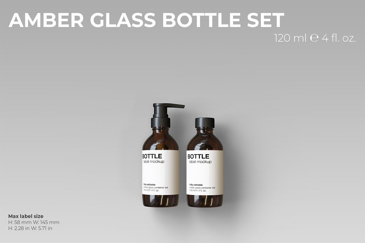 2 amber glass small size bottles with white labels and black dispenser and lid.