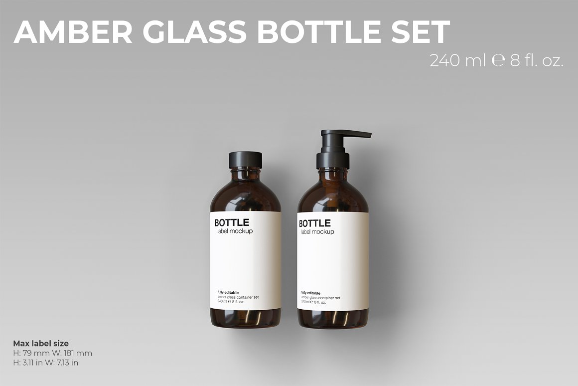2 amber glass bottles with white labels and black dispenser and lid.