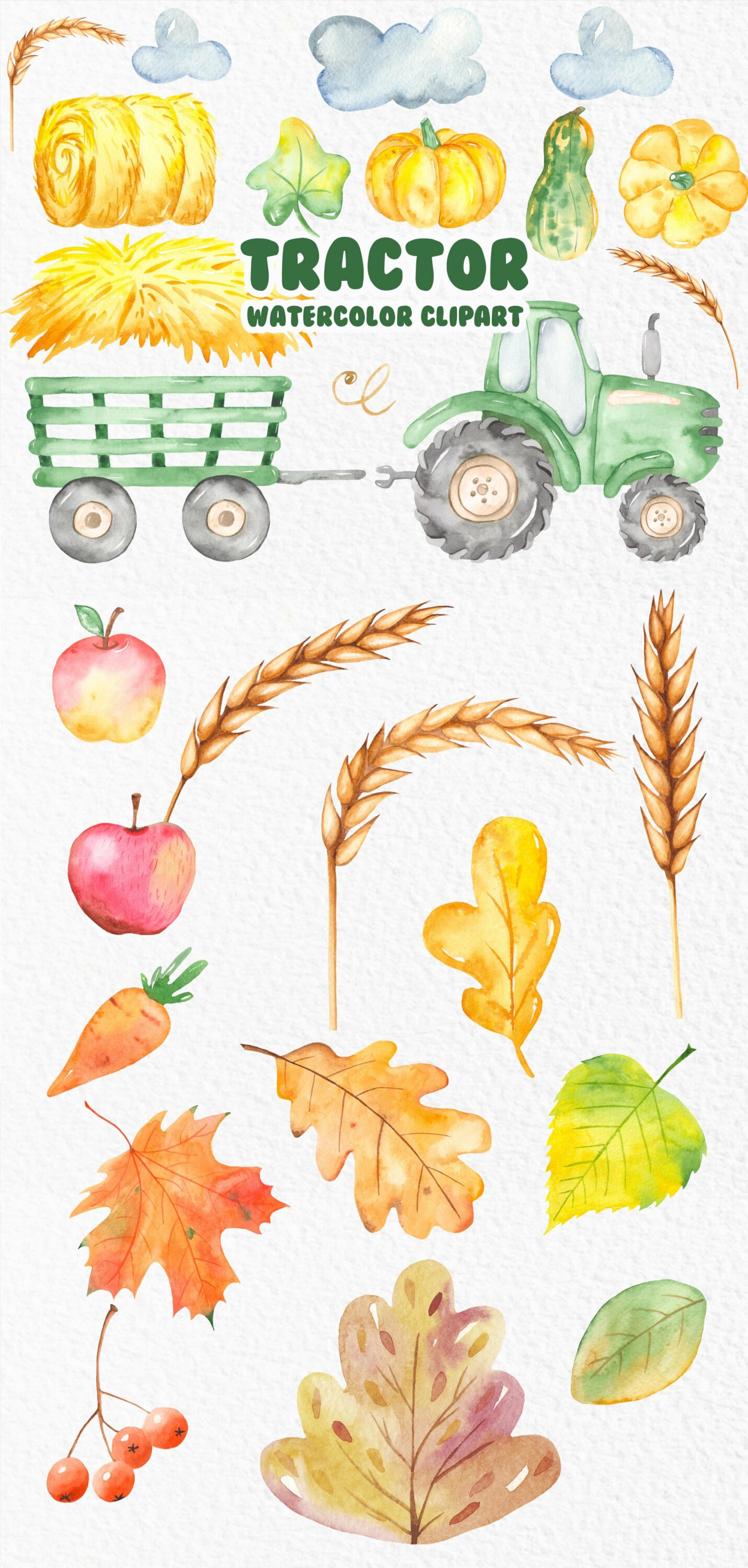 Diverse of tractors and harvesting pumpkin autumn leaves, apples in warm colors.