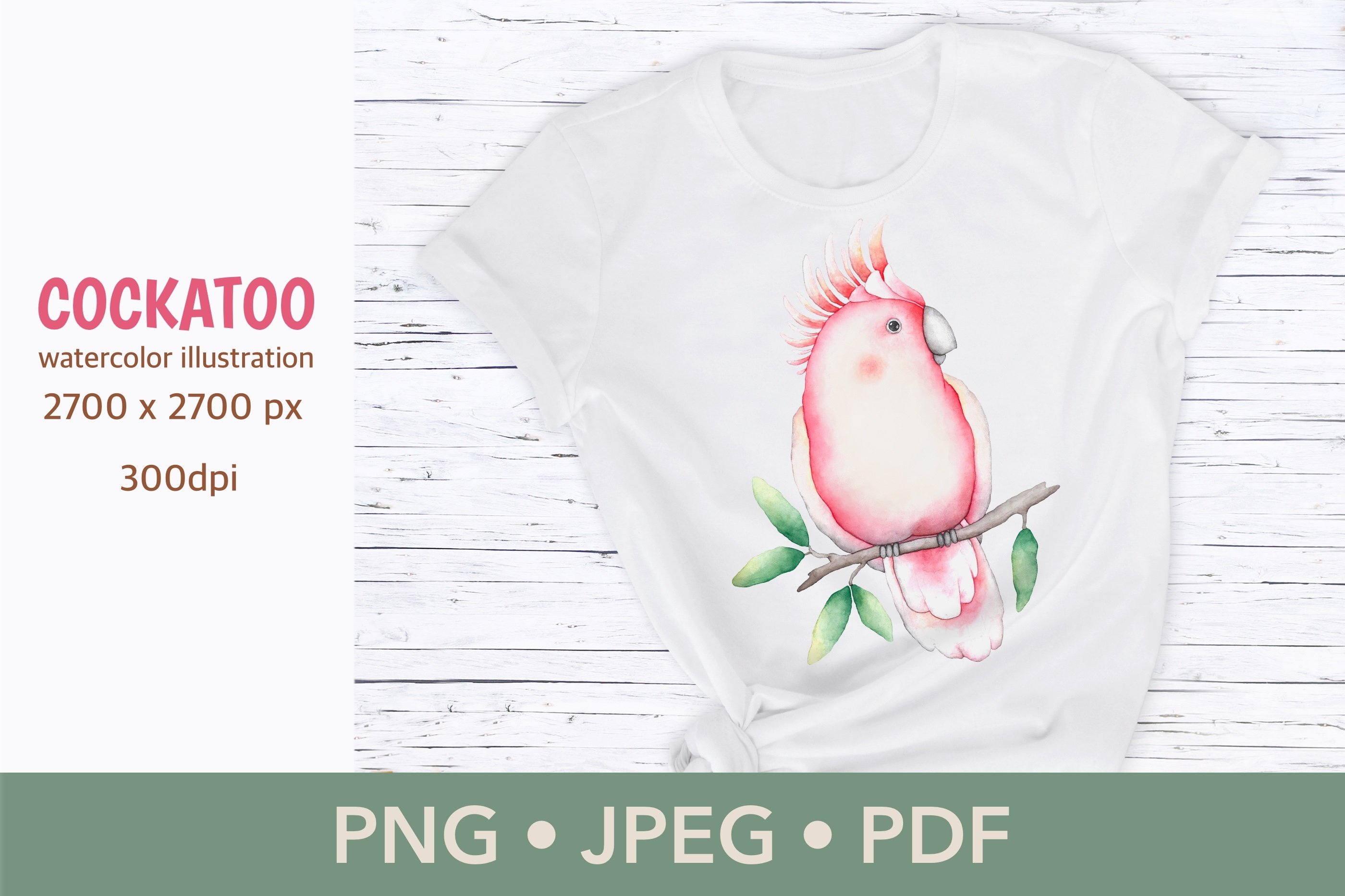 Pink cockatoo on a white t-shirt.