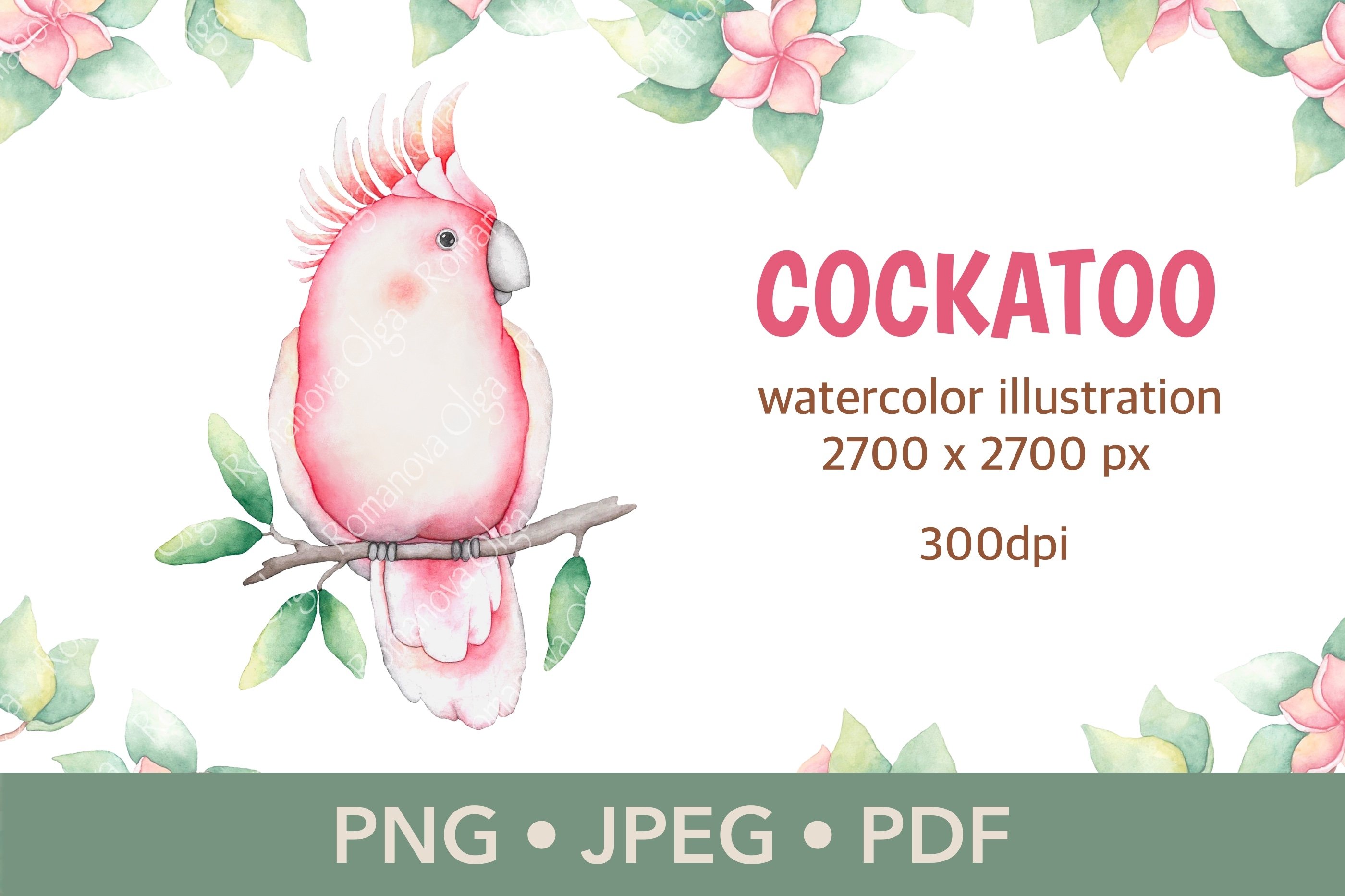 Delicate light pink parrot with green leaves.