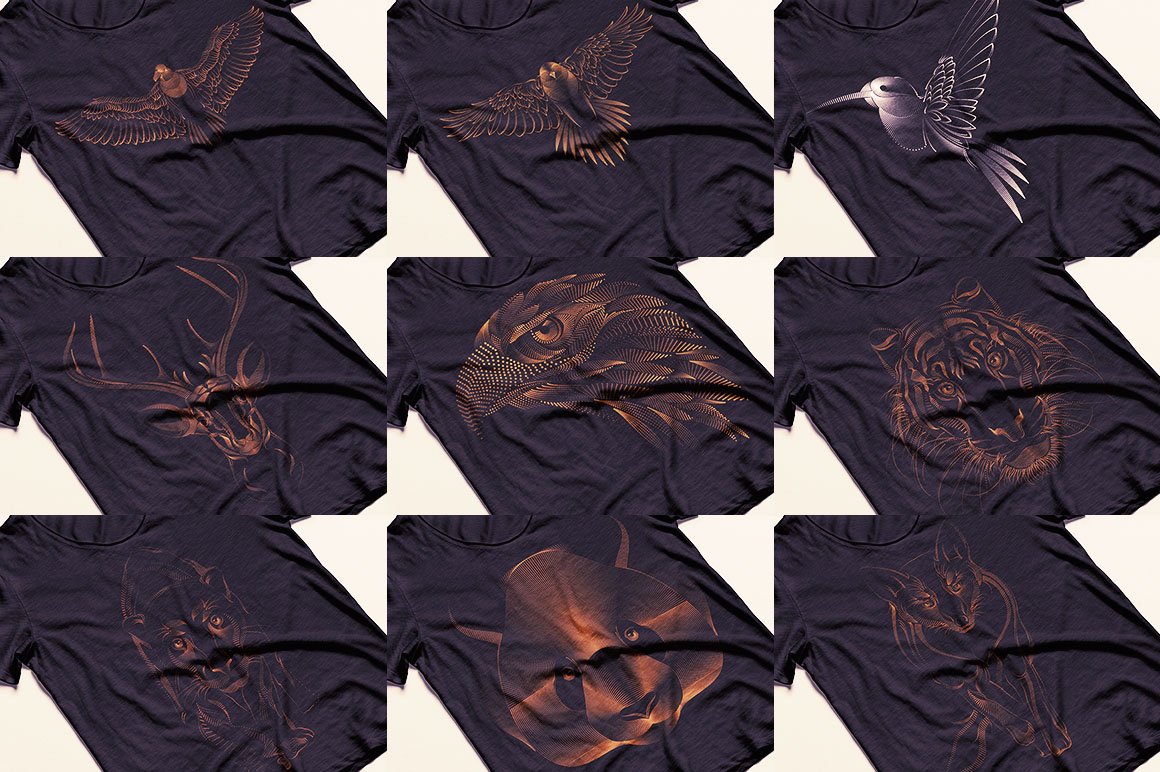 Dark brown t-shirts designs without texts with animals illustrations.