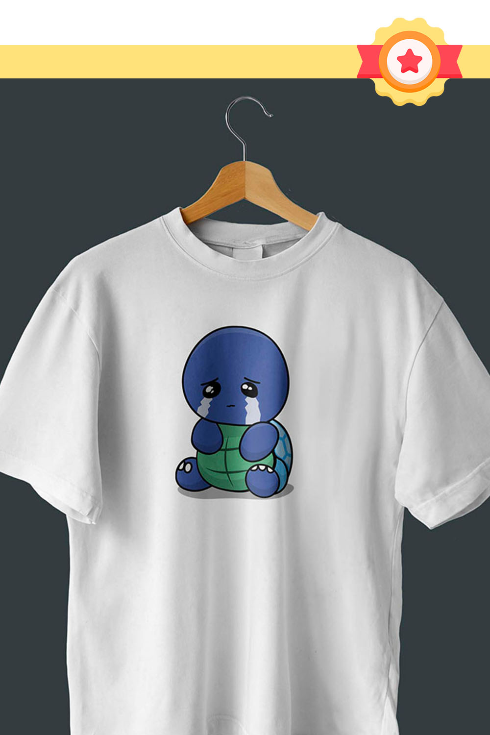 Cute Sad Turtle Illustration T-Shirt Design Pinterest image.