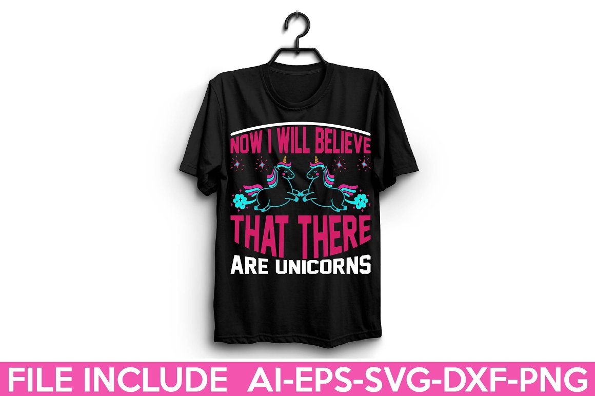 Black t-shirt with the lettering "How I will believe that there are unicorns".