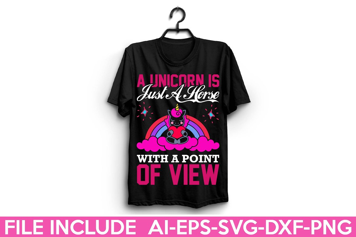 Black t-shirt with the lettering "A unicorn is just a horse with a point of view".