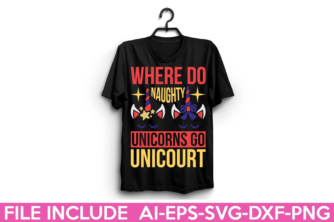 Black t-shirt with the lettering "Where do naughty unicorns go unicourt".