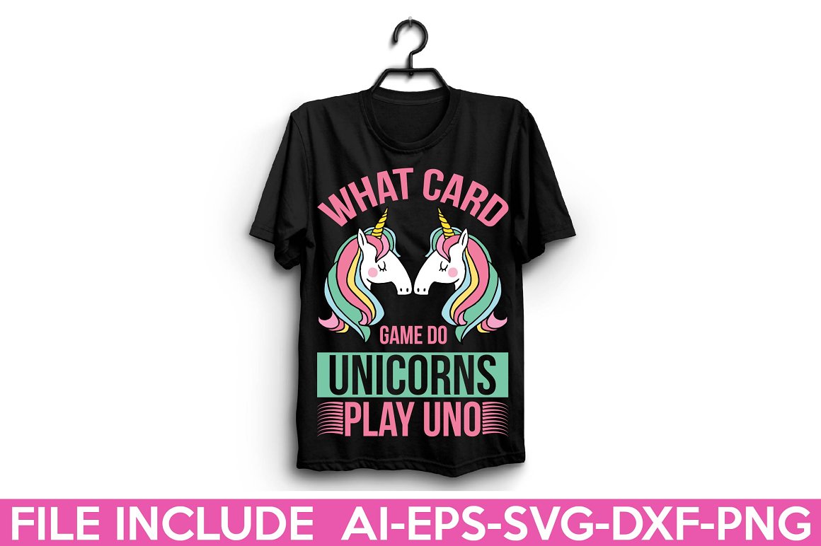 Black t-shirt with the lettering "What card game do unicorns play uno".